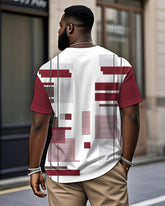 Men's Plus Size Daily Casual Red Geometric Print Henry Collar Button Short Sleeve T-Shirt